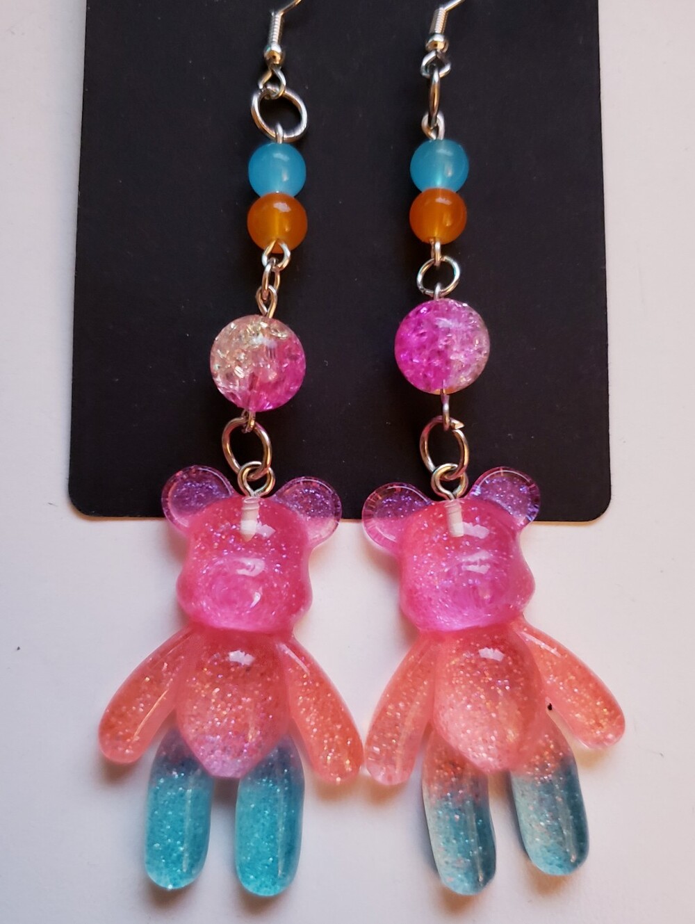 Handmade Beaded Glass Pink Orange Blue Gradient Glitter Teddy Bear Earrings
